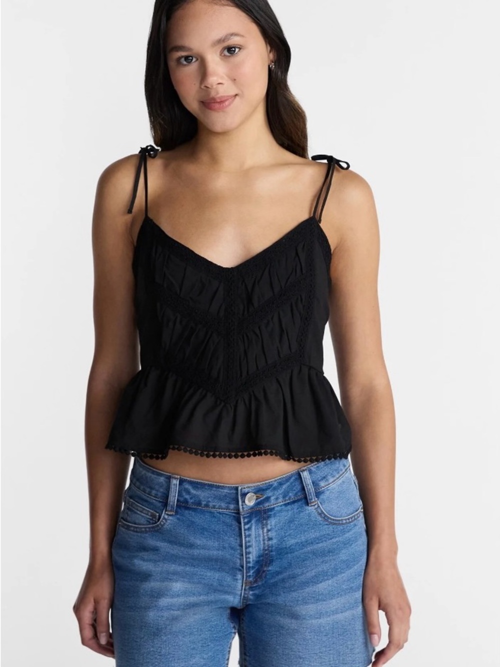 NWT No boundaries Black Tie-Shoulder Ruffle Peplum Camisole Top